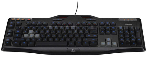 Certified Refurbished Gaming Keyboard With Bright Blue Backlight And Six Programmable Keys, black with blue keys, top view.