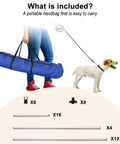 Person holding blue carry bag with dog and contents of Dog Agility Jump Training Kit With Four Adjustable Hurdles And Storage Bag