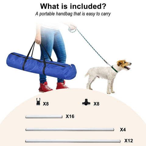 Person holding blue carry bag with dog and contents of Dog Agility Jump Training Kit With Four Adjustable Hurdles And Storage Bag