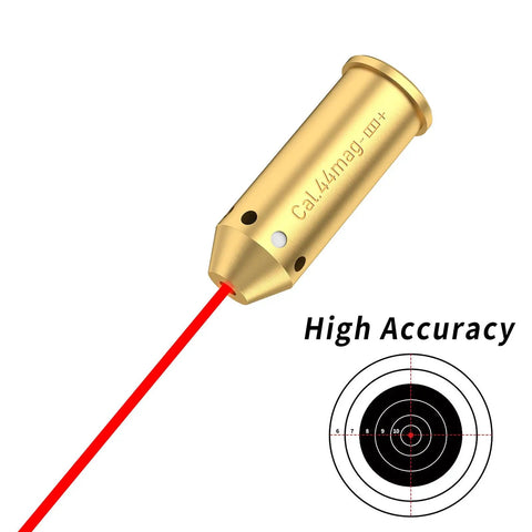 Bore Sight For 44 Magnum Caliber With Red Dot Laser Sight Class IIIA Less Than 5mW Brass with target and laser beam visible