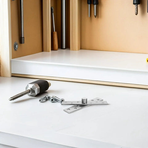 Stainless Steel Hidden Door Pivot Hinges 6 Pack For Wood Gates And Bookcase Doors on white workshop surface