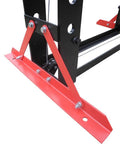Heavy Hitting 75 Ton Air Hydraulic Shop Press With Precise Pressure Gauge, red support base and sturdy construction detail.