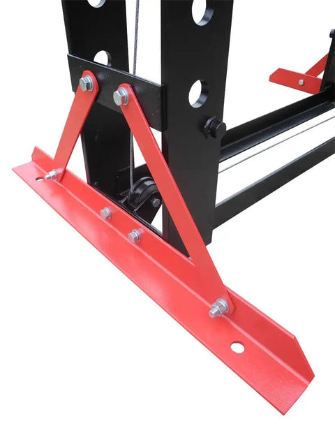 Heavy Hitting 75 Ton Air Hydraulic Shop Press With Precise Pressure Gauge, red support base and sturdy construction detail.