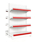 Top Shelf Double Sided Gondola Shelving Display Featuring Adjustable Four Tier Store Shelves For Retail Grocery And Liquor Center Island Premium Steel Commercial Rack Straight Up Built Solid Heavy Lifter Setup with white and red finish.
