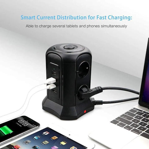 Super Slick Smart Tower Power Strip With Six Euro Outlets And Fast Usb Charging Ports Auto Surge Protector on a desk.