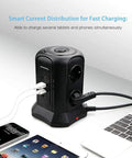 Straight Up Game Changer Smart Vertical Power Strip Surge Protector With Six Eu Sockets And Four Auto Detect USB Ports Space Saving Tower Design charging multiple devices with two USB ports.