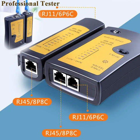 Heavy Duty Network Cable Tester Kit Featuring Slick Wire Strppers Rock Solid Crimping Tool And Punch Down Driver For Super Fast Rj45 Rj11 Cat5 Cat6 Repairs Complete Set showing cable tester's ports and LED indicators.