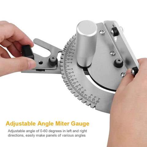 Precision Table Saw Miter Gauge With Adjustable Flip Stop And Angle Guide, showing hands adjusting the angle of 0-60 degrees.