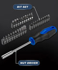 Magnetic 31-Piece Quarter Inch Bit Driver Set with Nut Driver and Magnetic Bit Holder, CR-V steel, showing bit and nut driver.