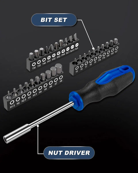 Magnetic 31-Piece Quarter Inch Bit Driver Set with Nut Driver and Magnetic Bit Holder, CR-V steel, showing bit and nut driver.