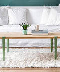 Adjustable Metal Table Legs With Signature F Shape Profile And Self Leveling Base Heavy Duty Powder Coated Steel Construction No Drill Assembly under wooden tabletop with plant.