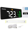 Wall Hanging Decibel Meter With 11 Inch LED Display Real Time Sound Level Temperature And Humidity Monitor With Icon Alarm Dope For Classroom Studio Home Or Factory, showing components and instruction manual.