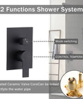 2 Functions Shower System controller with Matte Black finish for temperature control and mode switching, part of 10-Inch Ceiling Mount Rainfall Shower System with All-Metal Handheld Sprayer in Matte Black.