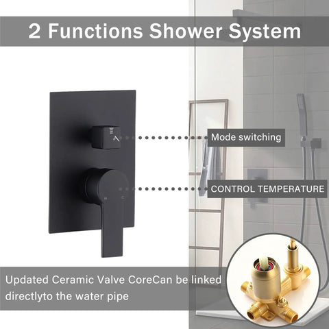 2 Functions Shower System controller with Matte Black finish for temperature control and mode switching, part of 10-Inch Ceiling Mount Rainfall Shower System with All-Metal Handheld Sprayer in Matte Black.