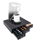 Black space saving coffee pod storage drawer with three easy open drawers, fits 36 K-Cup or 48 Nespresso pods, with a coffee maker on top.