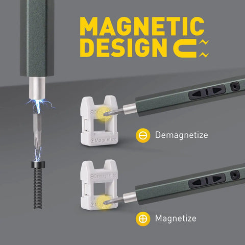 Electric Cordless Screwdriver 66 In 1 Kit With Dual Speed Torque, S2 Steel Magnetic Bits demonstrating magnetize and demagnetize function