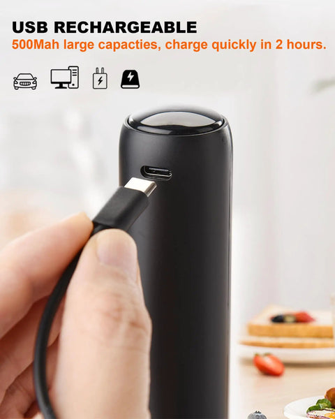 USB-C charging of Rechargeable Milk Frother Wand With Cover Electric Drink Mixer With Stainless Steel Whisk