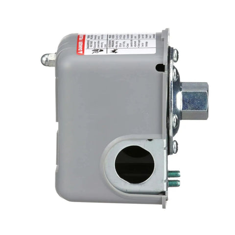 Side view of Pumptrol 30-50 PSI Water Pressure Switch For Jet Pumps Submersible Pumps And Reciprocating Pumps With One Quarter Inch Connection And Gray Cover Durable Construction