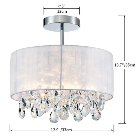 Dope Modern Crystal Chandelier Ceiling Light Fixture With White Fabric Shade And Chrome Finish, 13 Inch Diameter By 14 Inch Tall, E26 Socket, Living Room Lighting, Drum Style Ambient Lighting