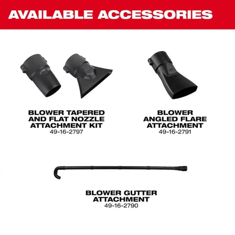 Available accessories for M18 Fuel Dual Battery Cordless Leaf Blower including nozzle and gutter attachments.