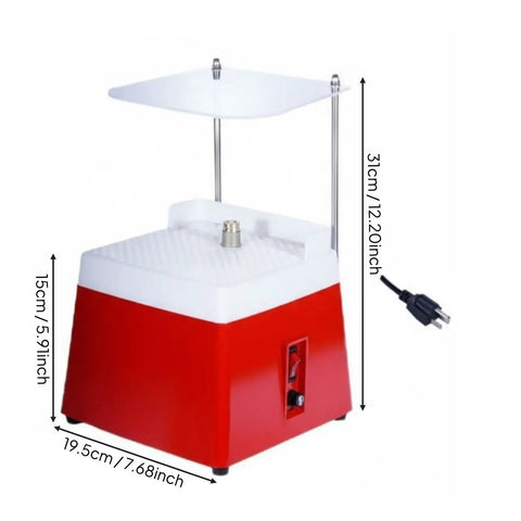 Shamjina Compact Bench Grinder Tool For Shaping Glass And Ceramics With Water Deflector Guard 110V Us showing dimensions and power cord.