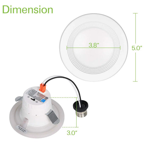 Dimensions of 12 Pack 4 Inch 5CCT LED Can Lights With Night Light CRI90 850lm 11W 80W Equivalent Baffle Trim Selectable