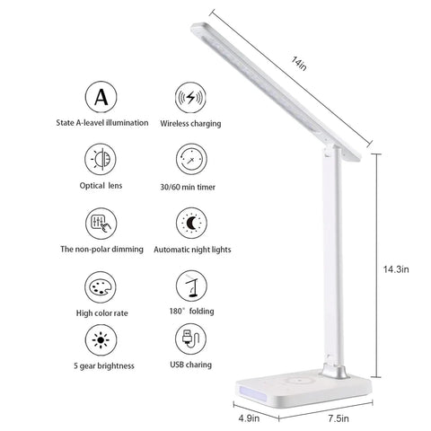LED Desk Lamp With Wireless Charging And USB Port, Dimmable Eye Care Light With 5 Brightness Levels, Touch Control, dimensions