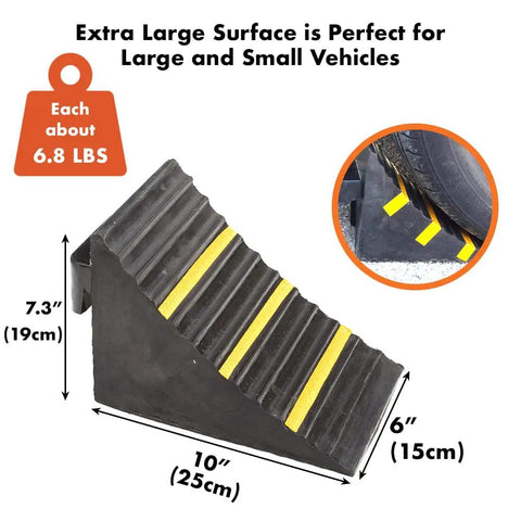 Two Pack Heavy Duty Extra Large Solid Rubber Wheel Chocks With Portable Handle for Travel Trailer, Truck, RV and Commercial Vehicles