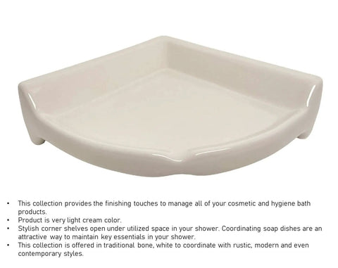 Bone Almond Glazed Ceramic Corner Shower Shelf, Large Size Bathroom Organizer, Glossy Finish, Tile Install Required