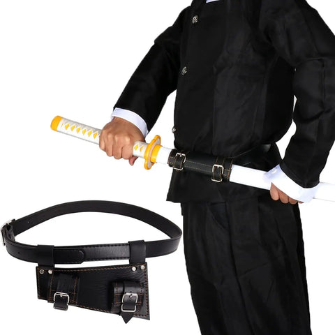 Person wearing Adjustable Katana Sword Belt Holder With Dual Buckles Dope PU Leather Samurai Frog Holster