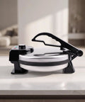Leefasy Electric Pancake Maker With Nonstick Round Plate And Stainless Steel Construction, compact design for easy kitchen use.