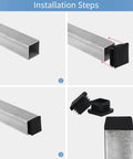 Installation steps for 12 Pack 1x1 Inch Square Tube End Caps Plastic Plugs Black for 1 Inch Square Tubing, showing fitting process