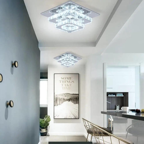 9.8 Inch Square Crystal Flush Mount LED Ceiling Light with K9 Crystal Mirror Base in modern living room setting