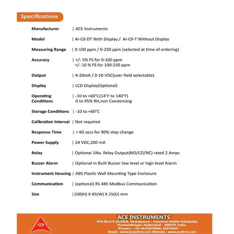 Carbon Monoxide Gas Transmitter With Display 0 To 250 PPM specifications sheet
