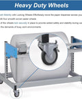 Close-up of heavy duty rolling wrapping paper holder and bubble wrap dispenser with integrated cutter and swivel casters.