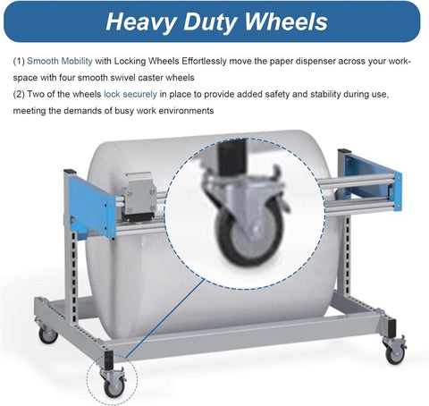 Close-up of heavy duty rolling wrapping paper holder and bubble wrap dispenser with integrated cutter and swivel casters.