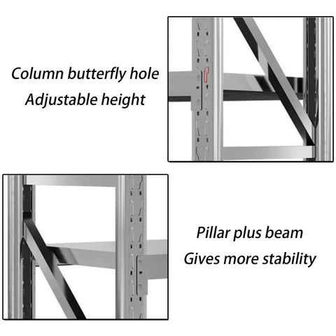 Column features of Rock Solid Heavy Duty Garage Shelving Four Tier Commercial Steel Storage Rack for adjustable height and stability.