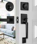 Matte Black Front Door Handle Set With Single Cylinder Deadbolt Exterior Door Lock System For Front Entry Reversible
