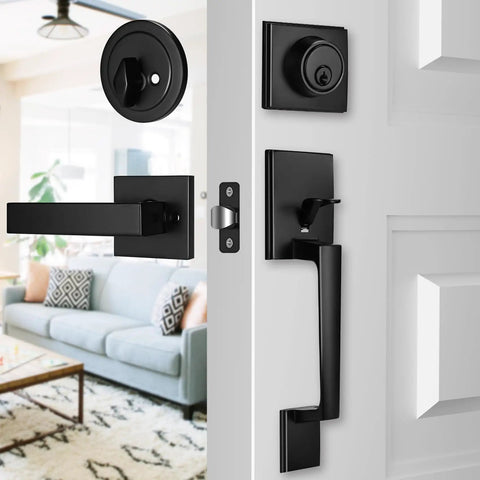 Matte Black Front Door Handle Set With Single Cylinder Deadbolt Exterior Door Lock System For Front Entry Reversible