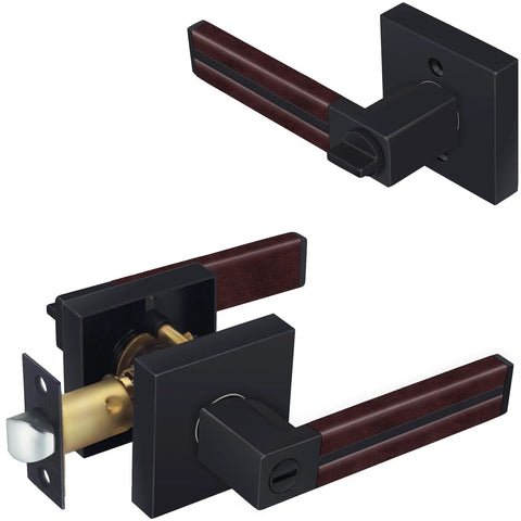 Six Pack Leather Wrapped Interior Door Handles With Keyless Privacy Lock Matte Black Lever Set, Soft Brown Leather Grip