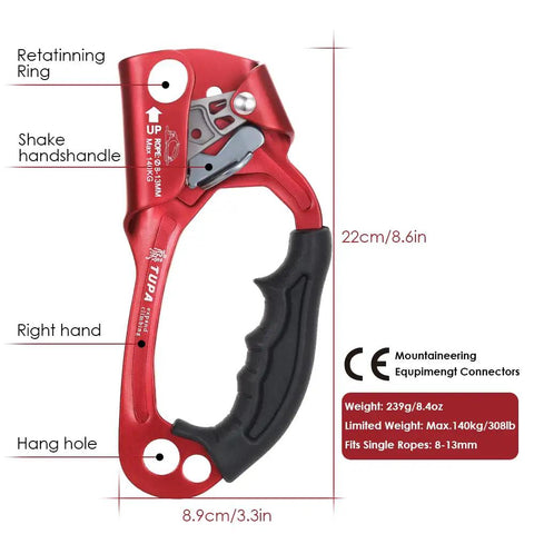 Climbing Hand Ascender For Rope Access 8-13mm With Ergonomic Rubber Handle CE Certified Rescue, red color with specifications