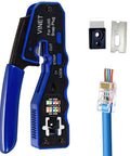 RJ45 Pass Through Crimp Tool For Cat6 And Cat5e Ethernet Cables with replacement blades and connector close-up