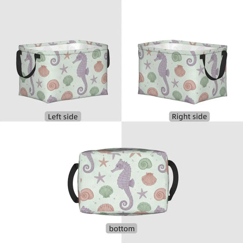 Large Rectangular Storage Basket For Organizing Home Clutter, Waterproof Fabric Bin With Trendy Pattern, Collapsible Laundry Hamper And Pet Supply Holder Keeps Your Whole Setup Totally Chill And Sorted, shown from left, right, and bottom angles.