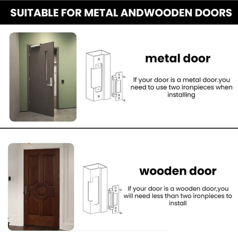 Image showing installation instructions for Real Deal Heavy Duty Electric Door Strike Lock With Reinforced Lock Body And Thick Stainless Base For Rock Solid 12V Access Control Security And No Shake Mounting In Black on metal and wooden doors.