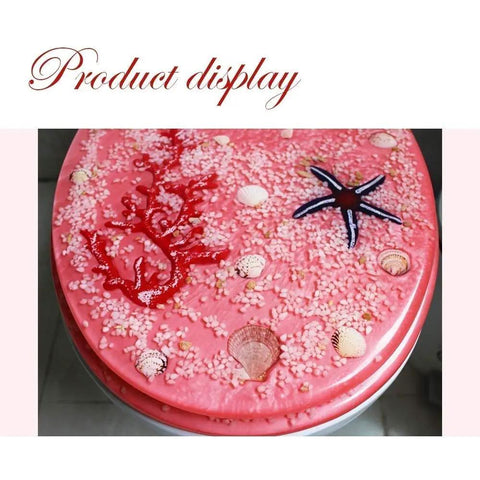 Heavy Duty Slow Close Toilet Seat Cover Top Shelf Crystal Resin U Shape with decorative coral and shells.