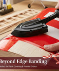 Edge Banding Iron With Digital Temperature Display For Precise Veneer Sealing Adjustable Heat Tool For Tacking 100 To 200 C 212 To 392 F Switchable Celsius Fahrenheit 110V VL01 in use on wooden surface.