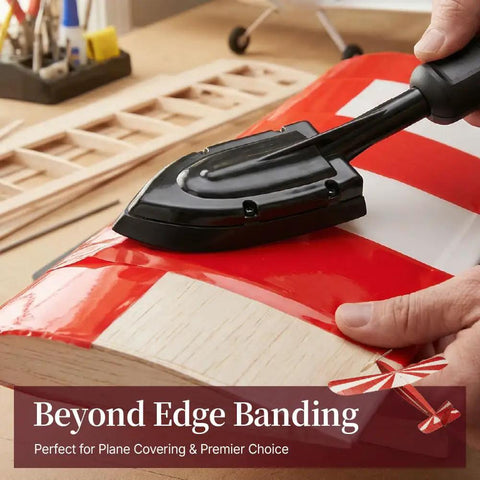 Edge Banding Iron With Digital Temperature Display For Precise Veneer Sealing Adjustable Heat Tool For Tacking 100 To 200 C 212 To 392 F Switchable Celsius Fahrenheit 110V VL01 in use on wooden surface.