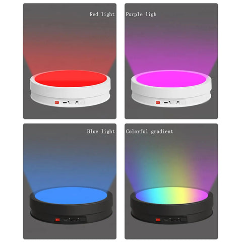 CHANGLKJ Led Rotating Turntable Display Stand With Remote Control 5000 Mah Battery showing red, purple, blue and colorful gradient lights.