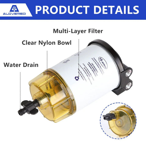10 Micron Fuel Water Separator Filter Assembly Kit for Marine Outboards shown with clear nylon bowl and water drain feature.