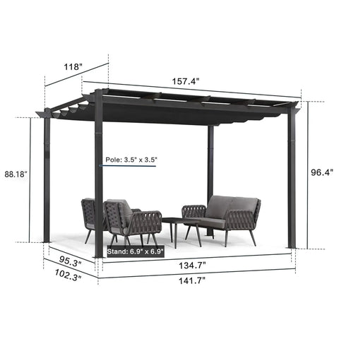 Aluminum Outdoor Pergola With Wind Resistant Frame, Retractable Canopy And Double Sun Shade, Heavy Duty Metal Build, 10x13 Feet, Grey